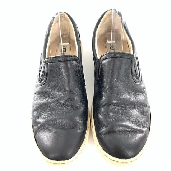 UGG Shoes - Ugg slip on sneakers size 8 39 black leather fleece wool lining flatforms